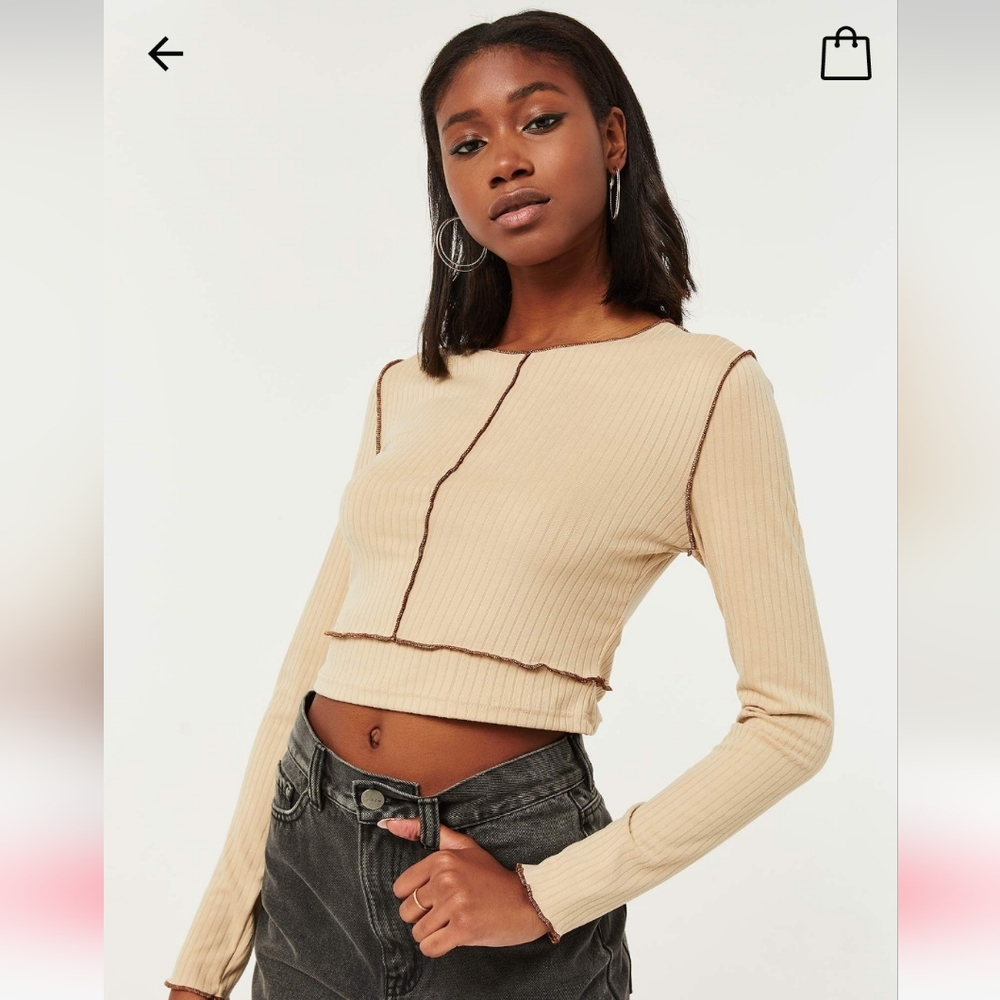Contrast Stitch Ribbed Long Sleeve Tee Size XS